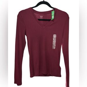 GAP Women's Deep Red V-Neck Long Sleeve Tee